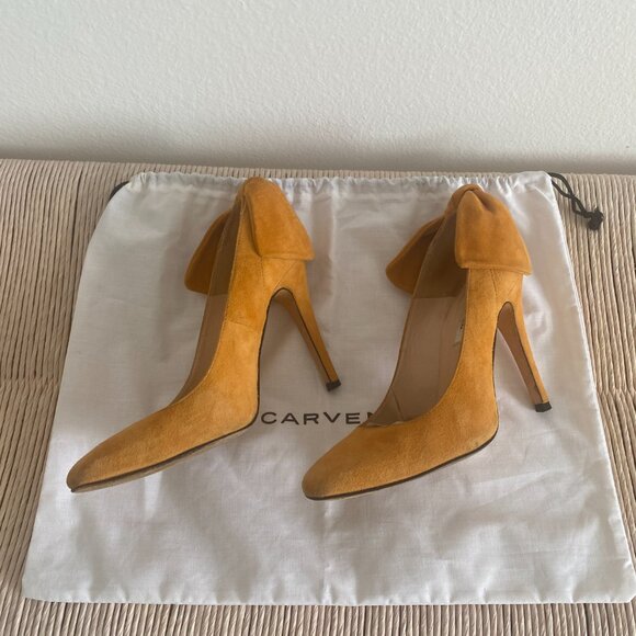 Carven dandelion orange suede bow back 4"/100mm high heel pumps - Picture 3 of 7